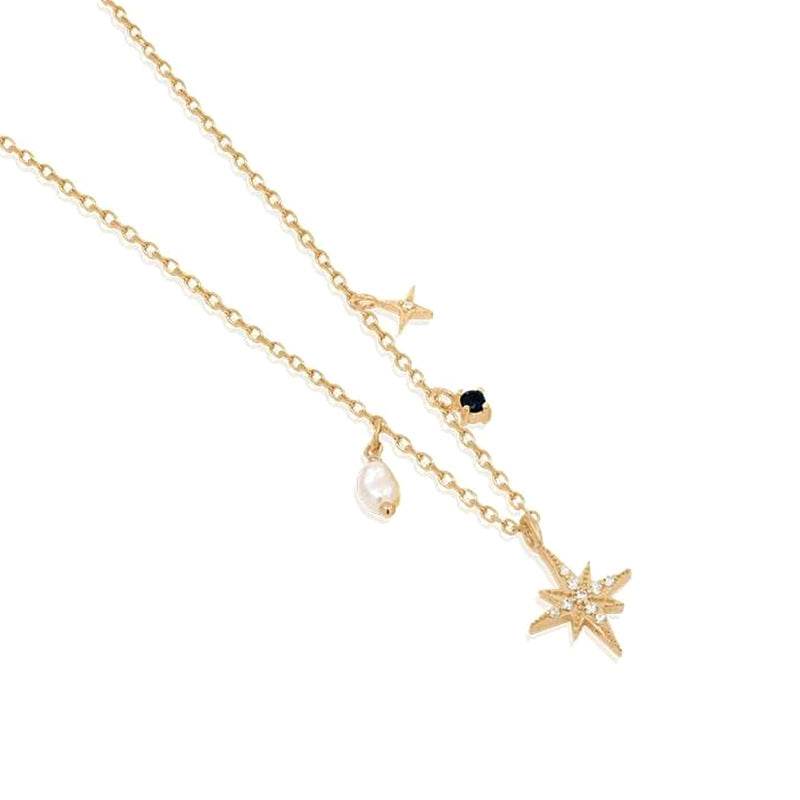 S925 sterling silver octagonal star diamonds shaped pearls stackable collarbone chain - MOWTE