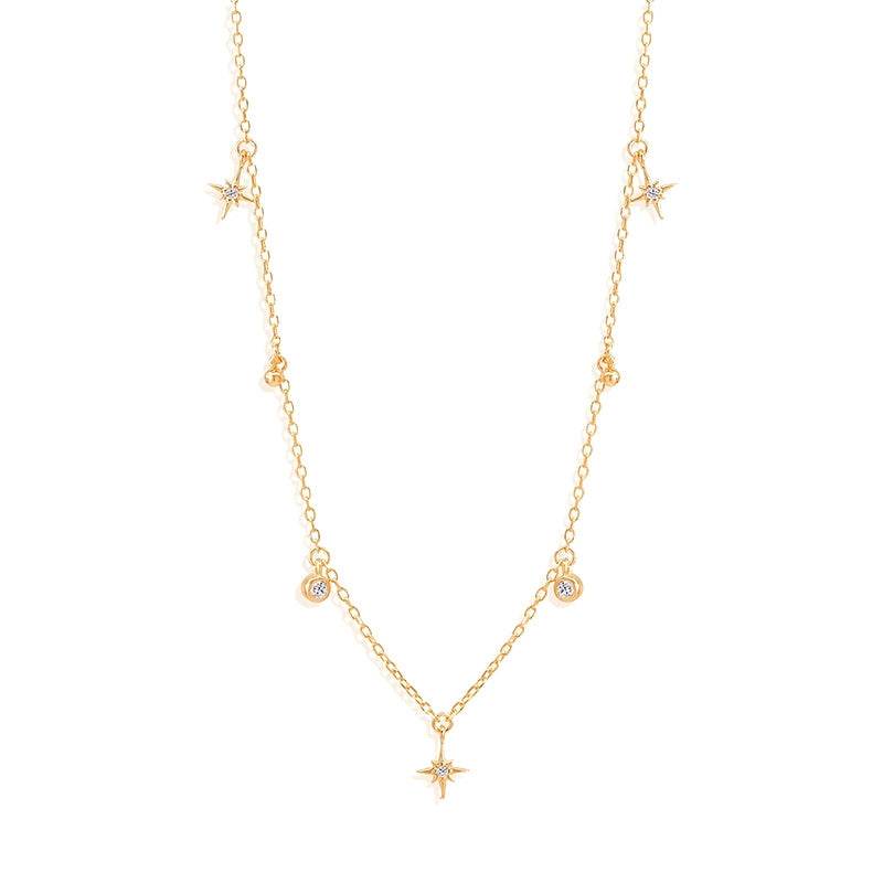 S925 sterling silver octagonal star diamonds shaped pearls stackable collarbone chain - MOWTE