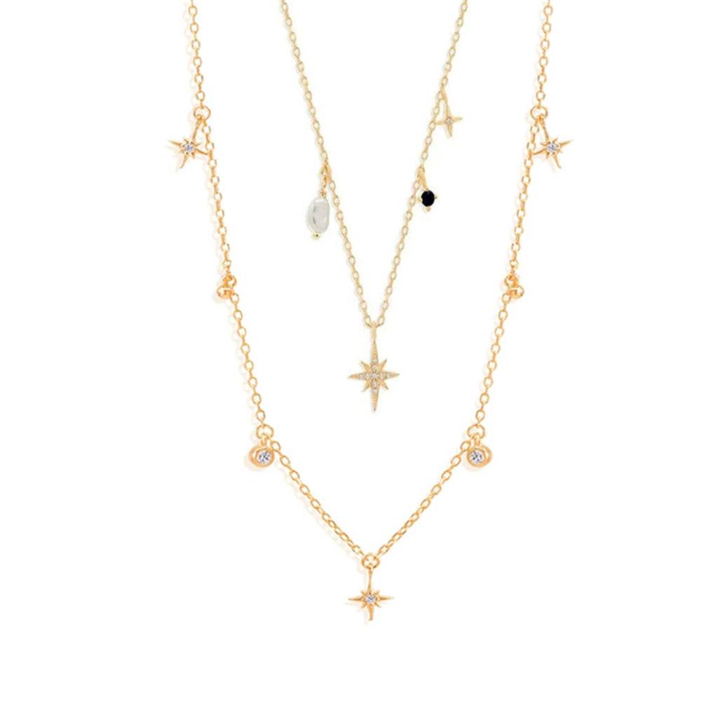 S925 sterling silver octagonal star diamonds shaped pearls stackable collarbone chain - MOWTE
