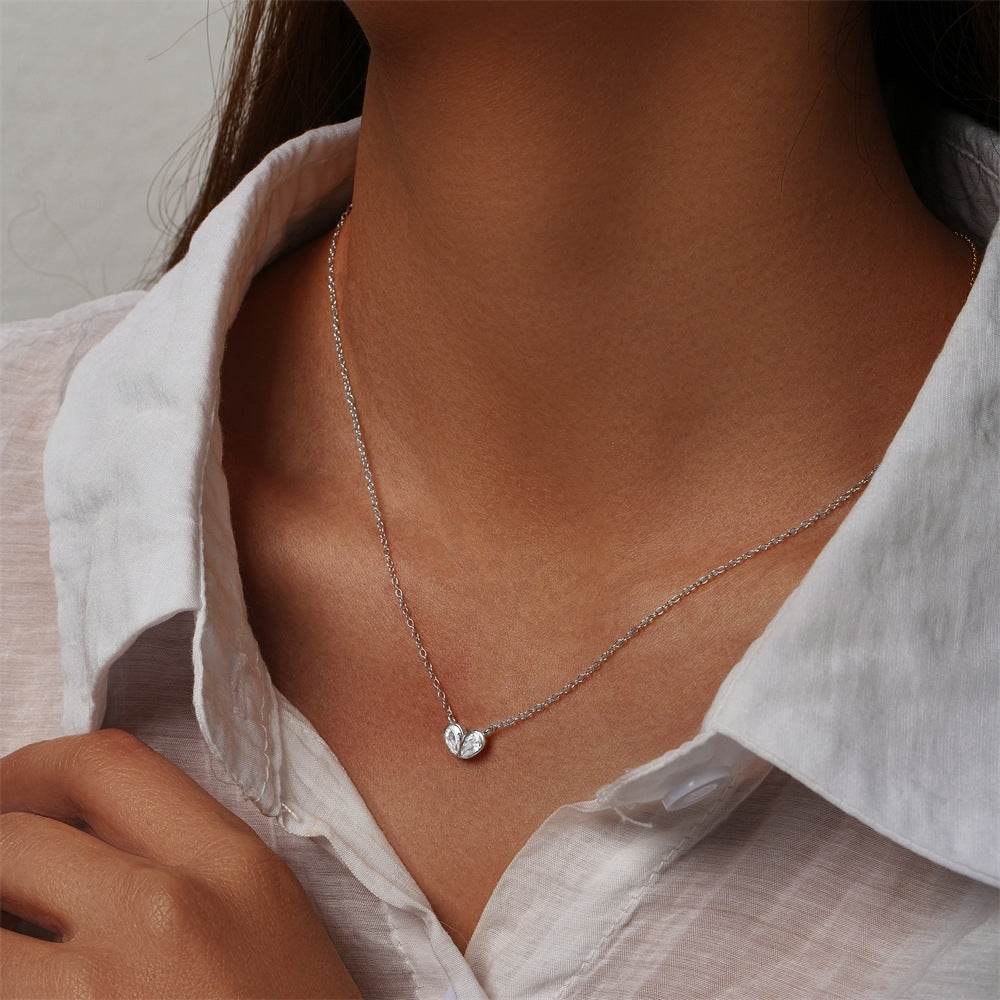 925 sterling silver heart-shaped zircon double piece peach heart collarbone turquoise necklace - MOWTE