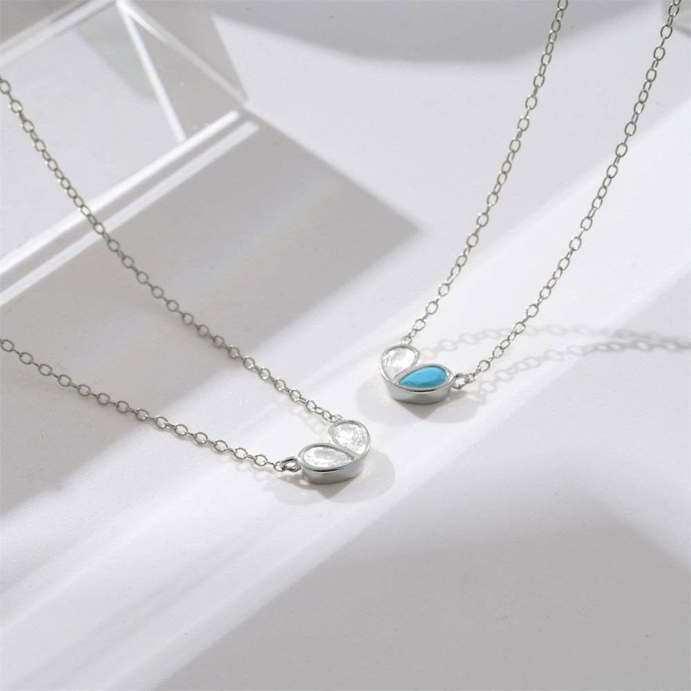 925 sterling silver heart-shaped zircon double piece peach heart collarbone turquoise necklace - MOWTE
