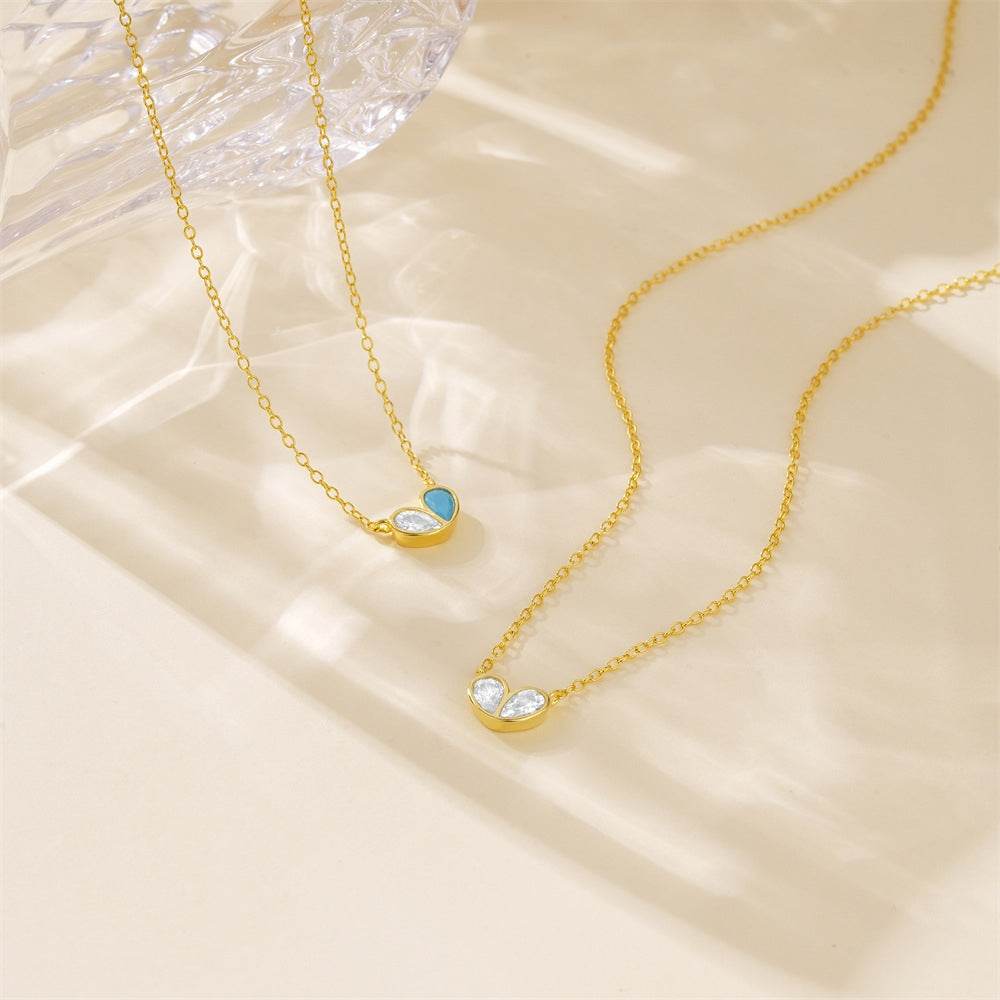 925 sterling silver heart-shaped zircon double piece peach heart collarbone turquoise necklace - MOWTE