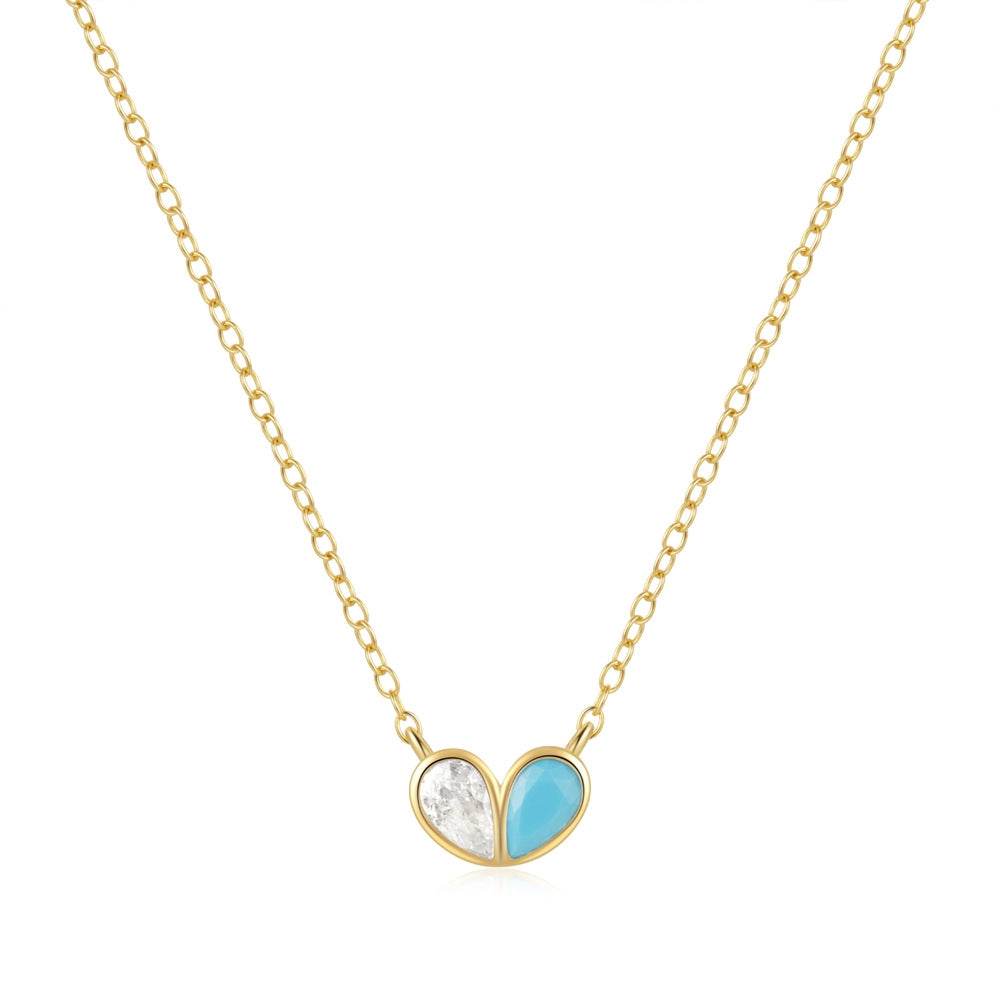 925 sterling silver heart-shaped zircon double piece peach heart collarbone turquoise necklace - MOWTE