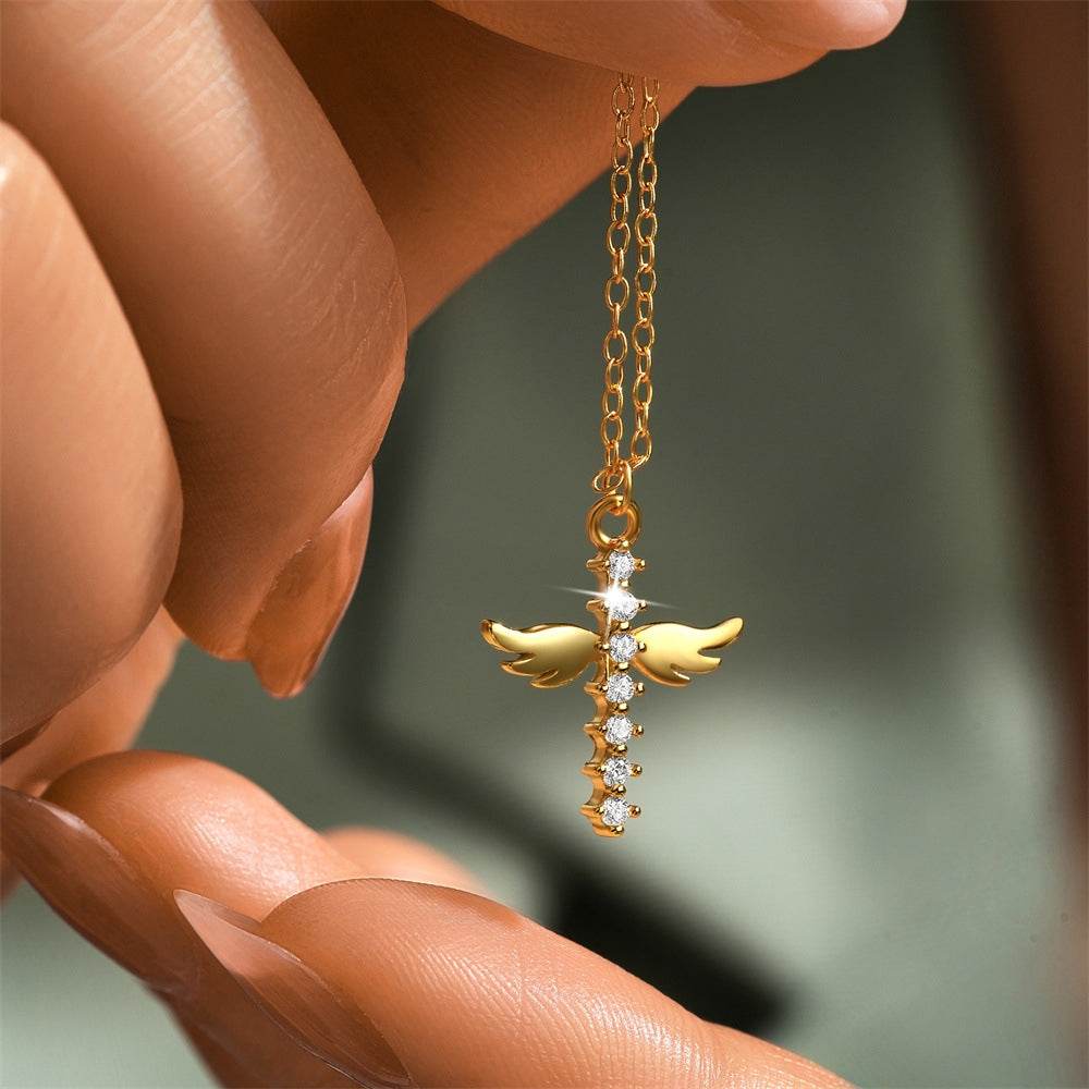 925 sterling silver cross with diamond angel wings pendant collarbone chain - MOWTE