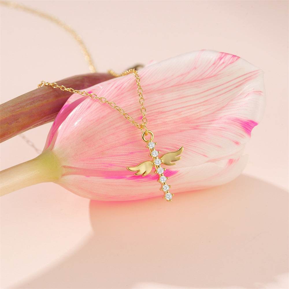 925 sterling silver cross with diamond angel wings pendant collarbone chain - MOWTE