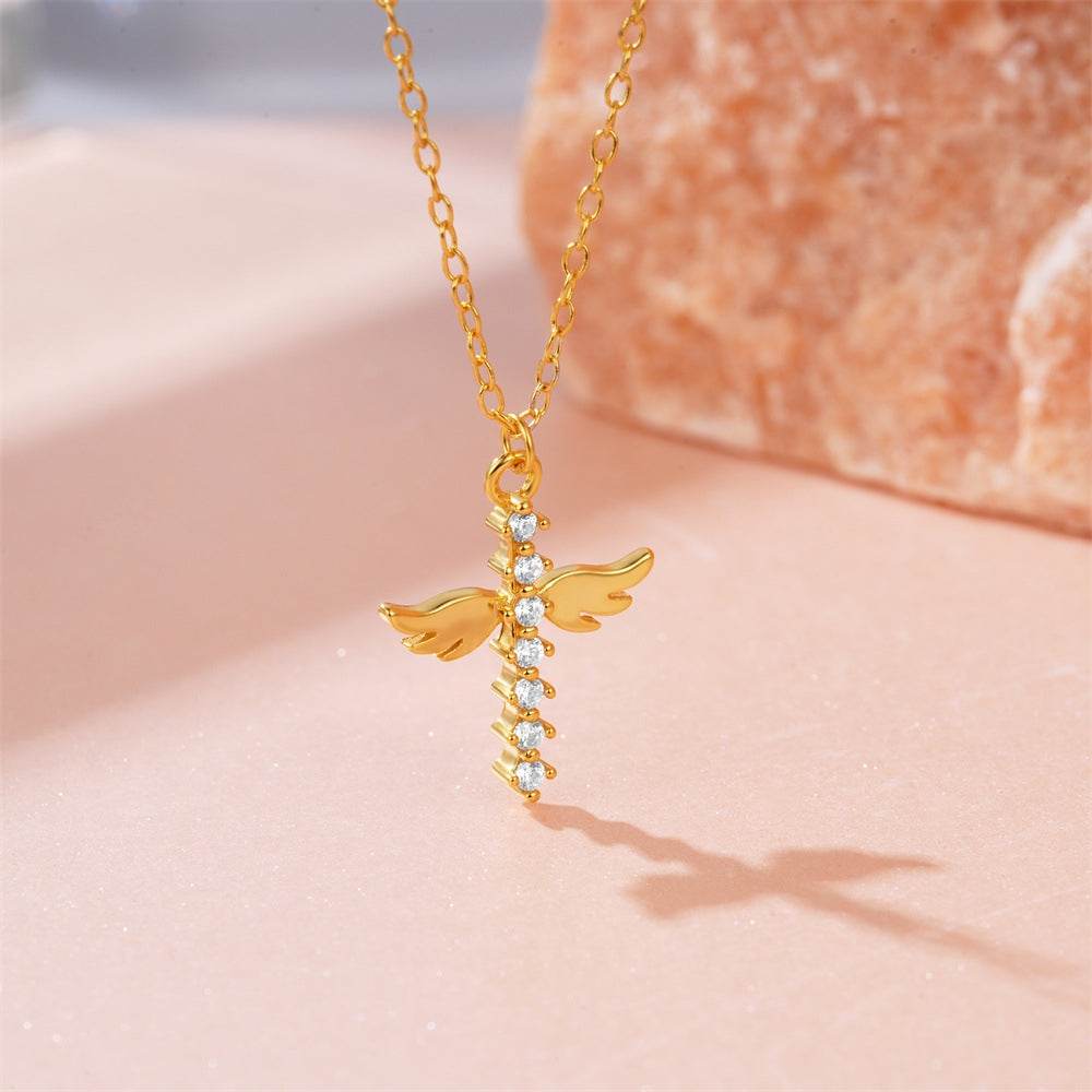 925 sterling silver cross with diamond angel wings pendant collarbone chain - MOWTE
