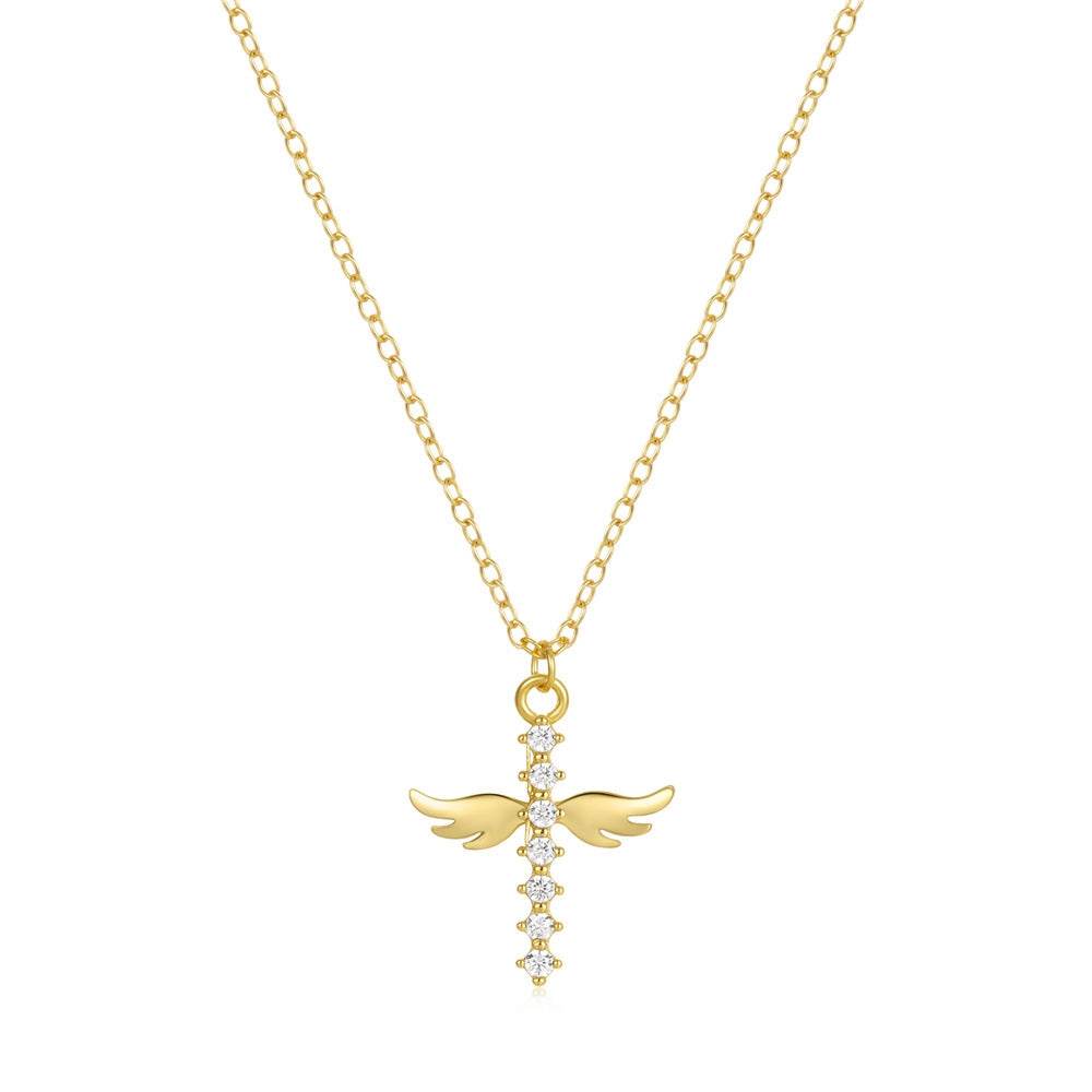 925 sterling silver cross with diamond angel wings pendant collarbone chain - MOWTE