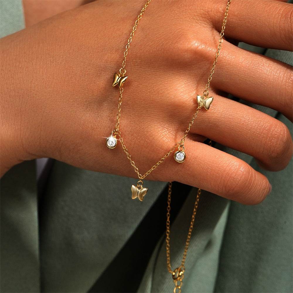 925 sterling silver ins style butterfly zircon layered collarbone chain - MOWTE