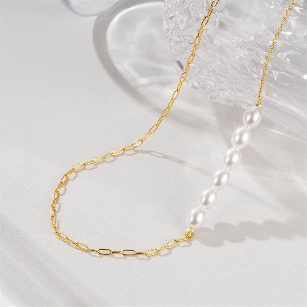 925 sterling silver double spliced paperclip pearl collarbone chain - MOWTE