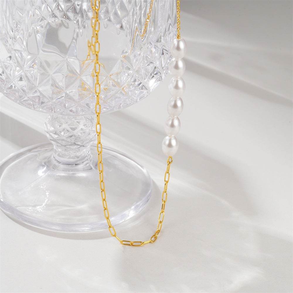 925 sterling silver double spliced paperclip pearl collarbone chain - MOWTE