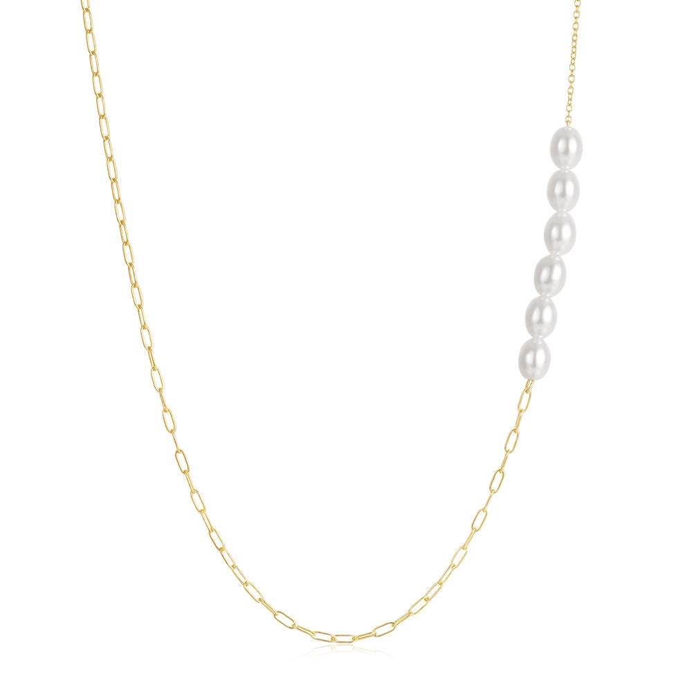 925 sterling silver double spliced paperclip pearl collarbone chain - MOWTE