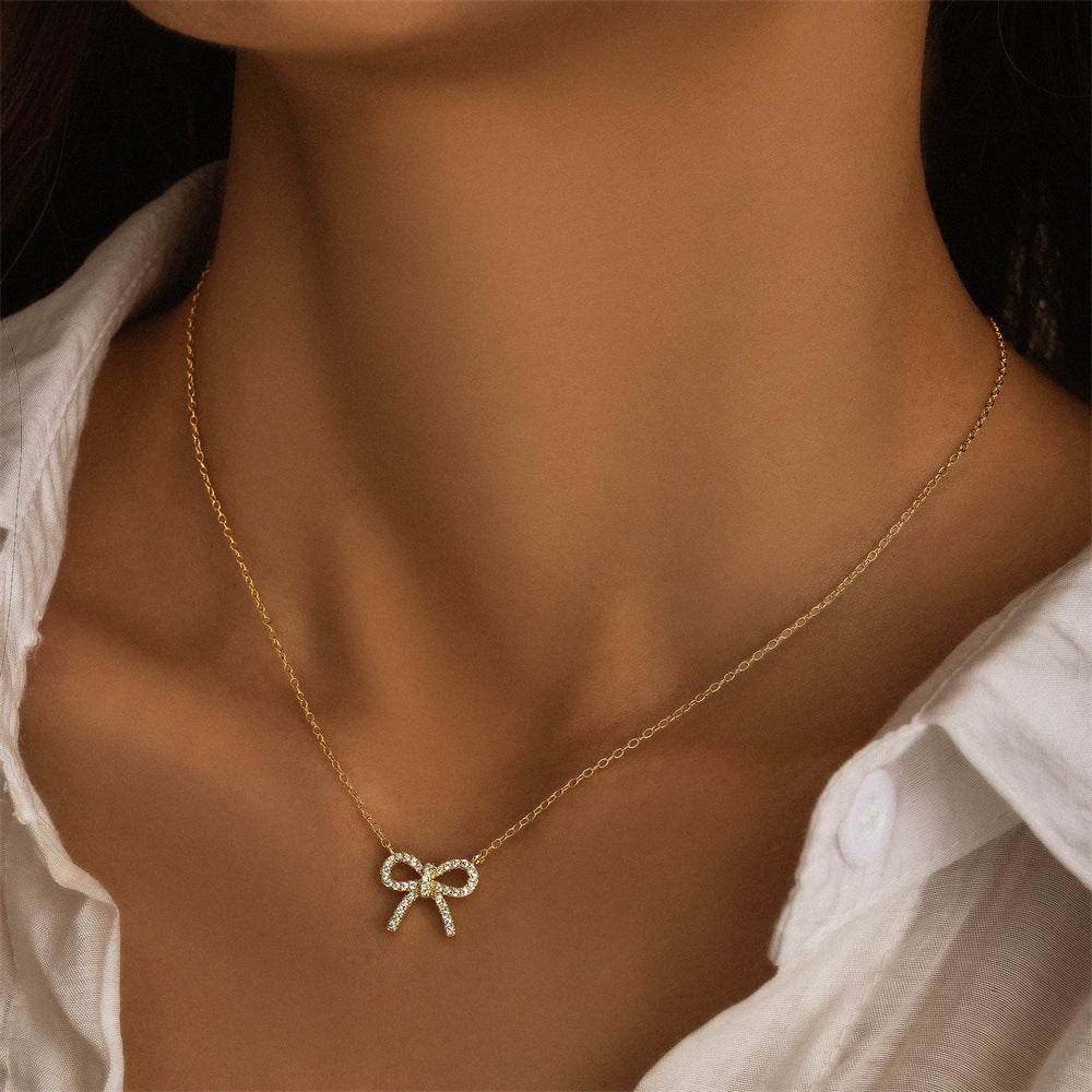 S925 sterling silver bow set diamonds street style collarbone necklace - MOWTE