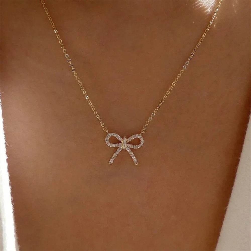 S925 sterling silver bow set diamonds street style collarbone necklace - MOWTE