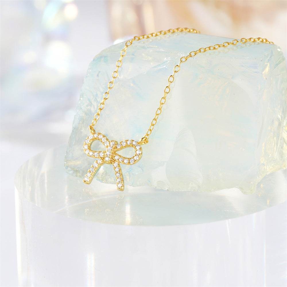 S925 sterling silver bow set diamonds street style collarbone necklace - MOWTE