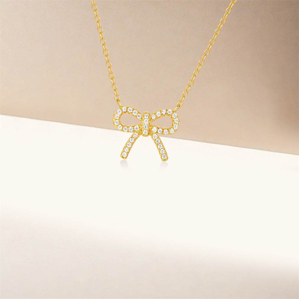S925 sterling silver bow set diamonds street style collarbone necklace - MOWTE