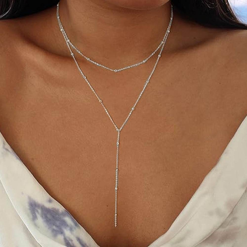 925 sterling silver elegant double-layer side bead chain Y-shaped collarbone necklace for women - MOWTE
