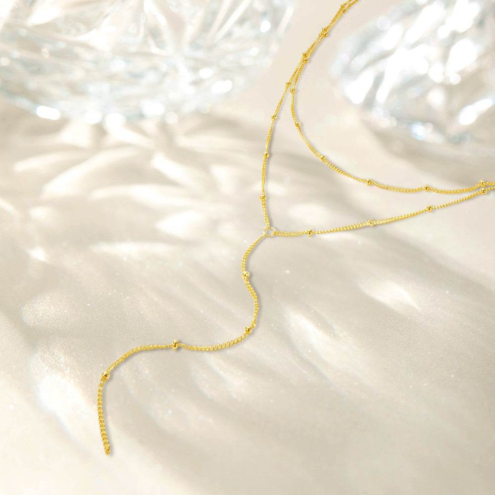 925 sterling silver elegant double-layer side bead chain Y-shaped collarbone necklace for women - MOWTE