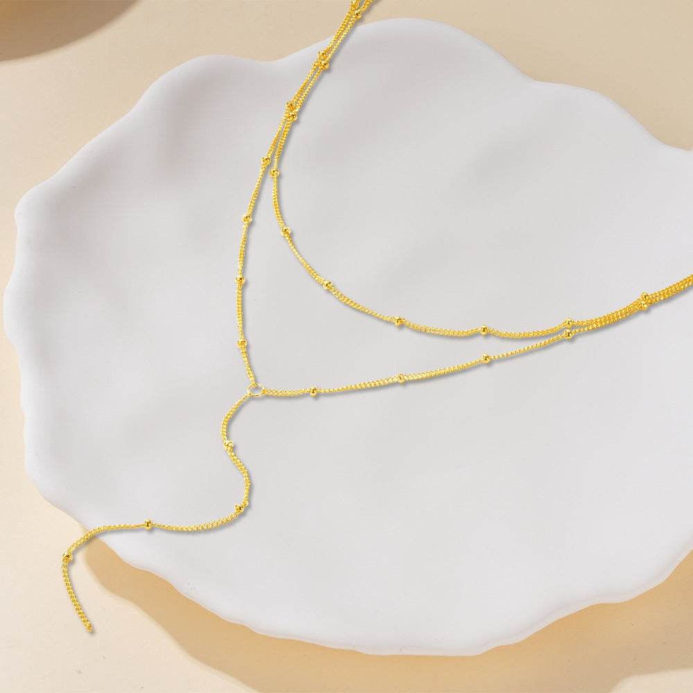 925 sterling silver elegant double-layer side bead chain Y-shaped collarbone necklace for women - MOWTE