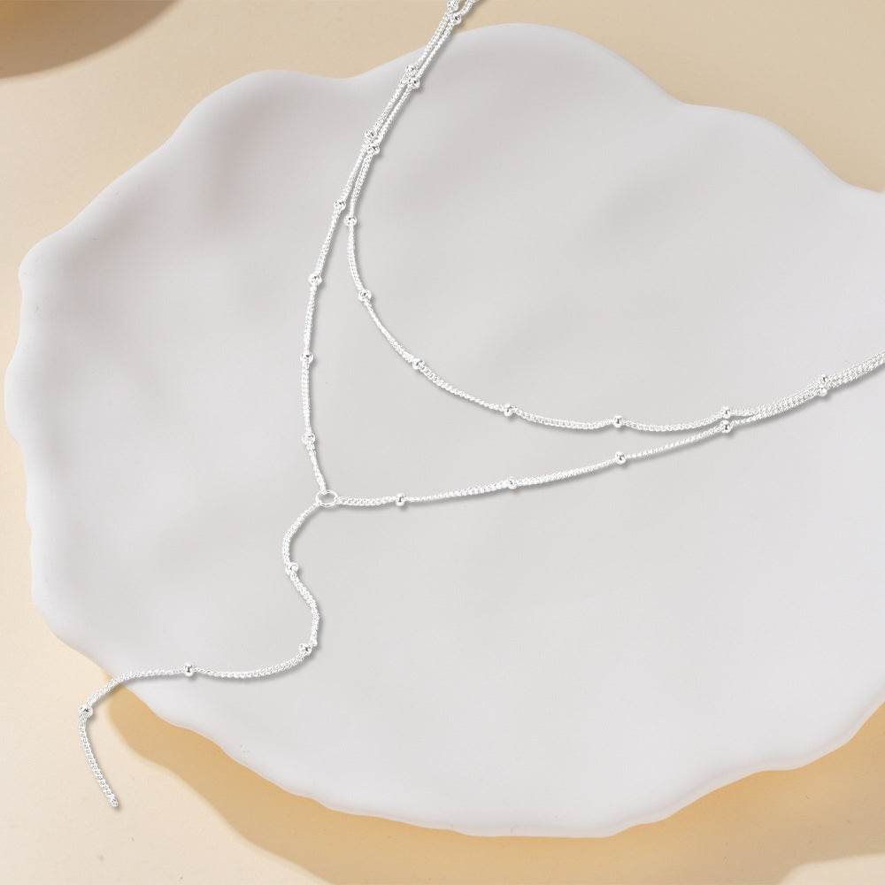 925 sterling silver elegant double-layer side bead chain Y-shaped collarbone necklace for women - MOWTE