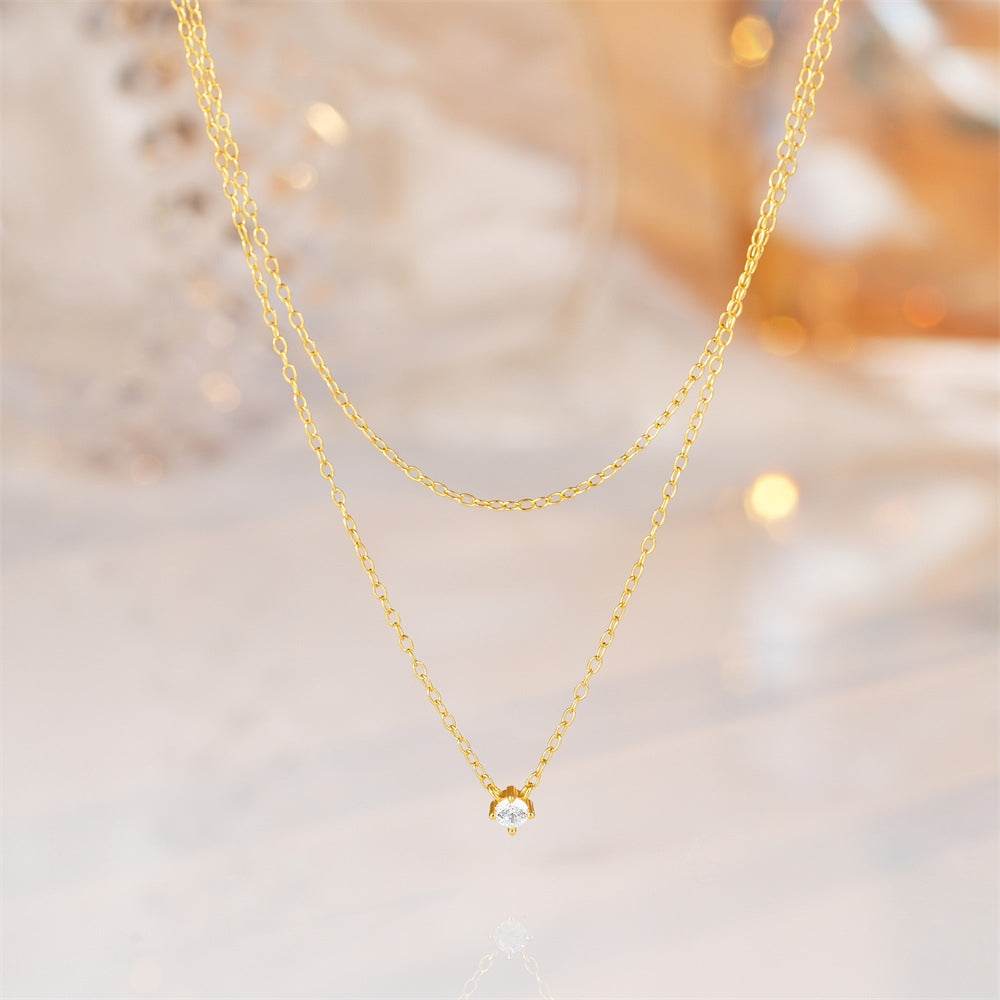 S925 pure silver single diamond set double layered collarbone chain - MOWTE