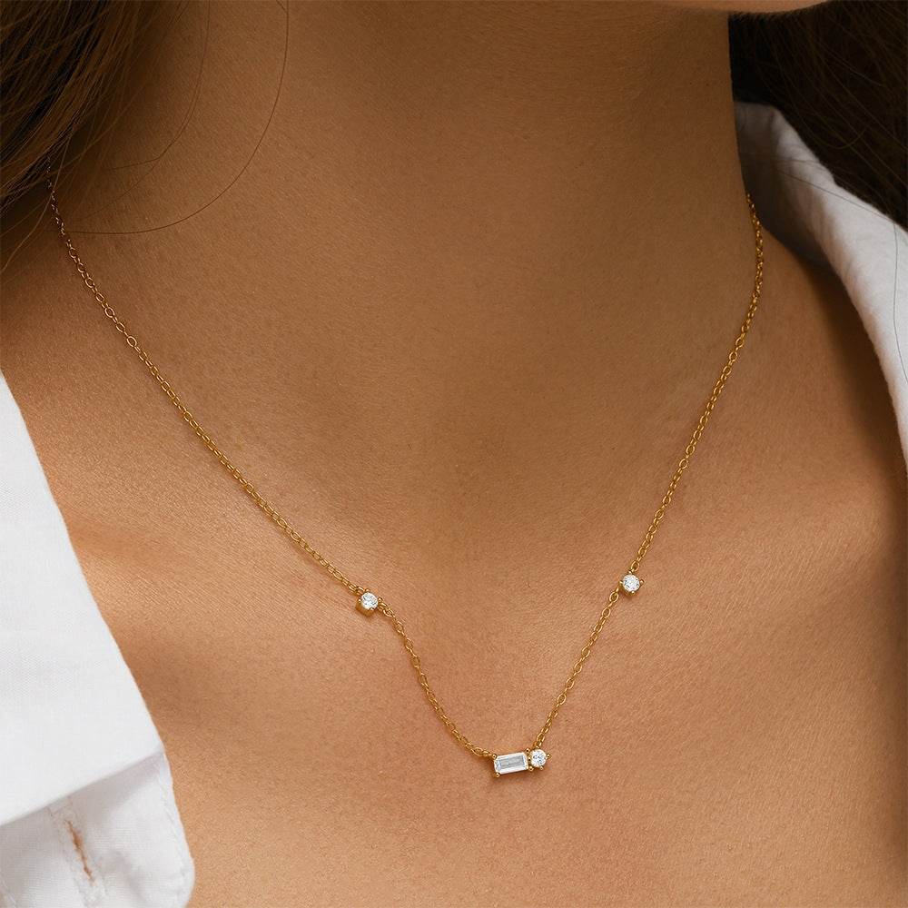 925 sterling silver geometric block diamond collarbone chain - MOWTE