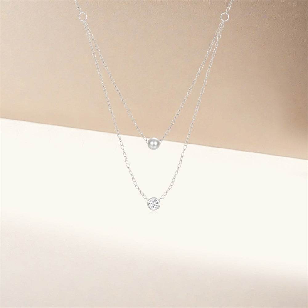 925 sterling silver double-layer layered single diamond versatile women's collarbone necklace - MOWTE