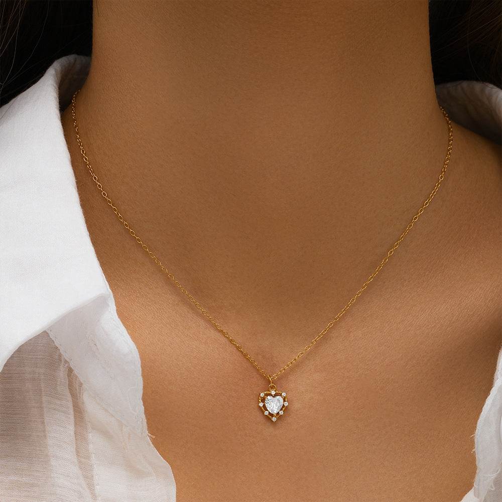 S925 sterling silver heart-shaped inlaid single diamond super sparkling collarbone chain - MOWTE