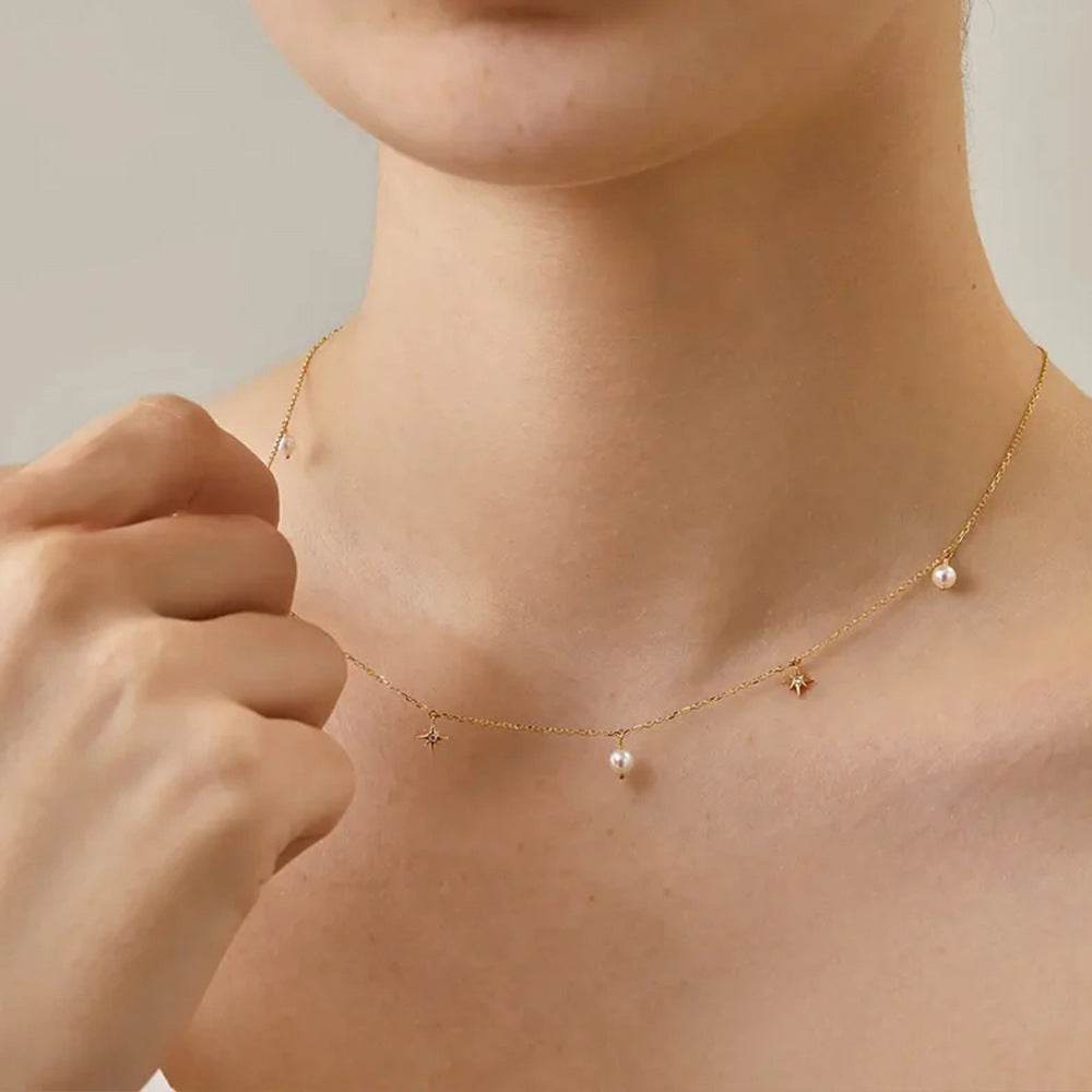 S925 sterling silver pearl octagonal star pendant collarbone chain - MOWTE