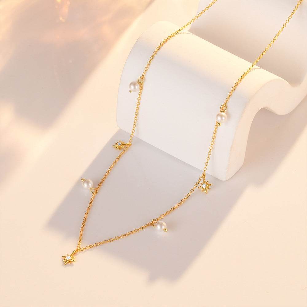 S925 sterling silver pearl octagonal star pendant collarbone chain - MOWTE