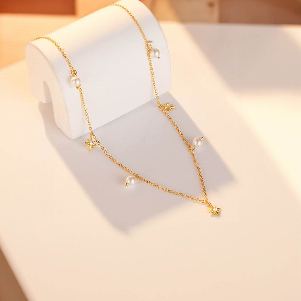 S925 sterling silver pearl octagonal star pendant collarbone chain - MOWTE