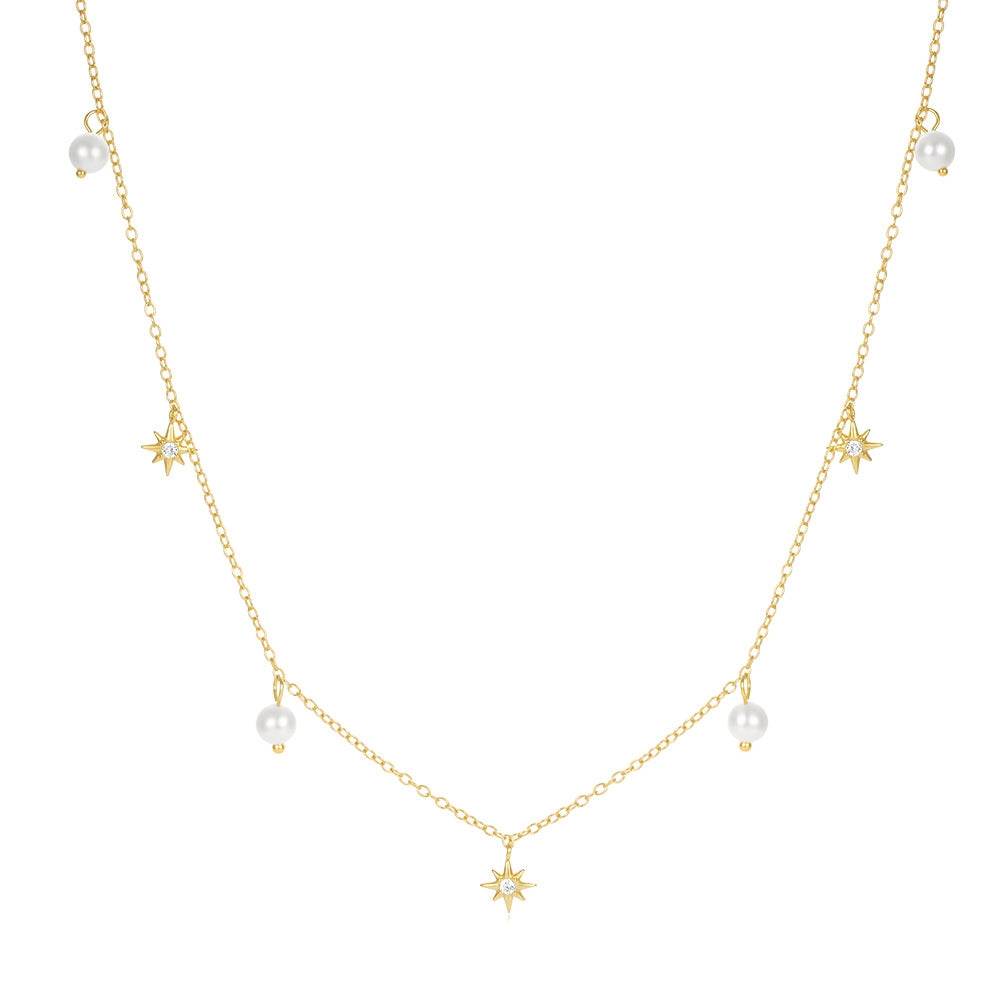 S925 sterling silver pearl octagonal star pendant collarbone chain - MOWTE
