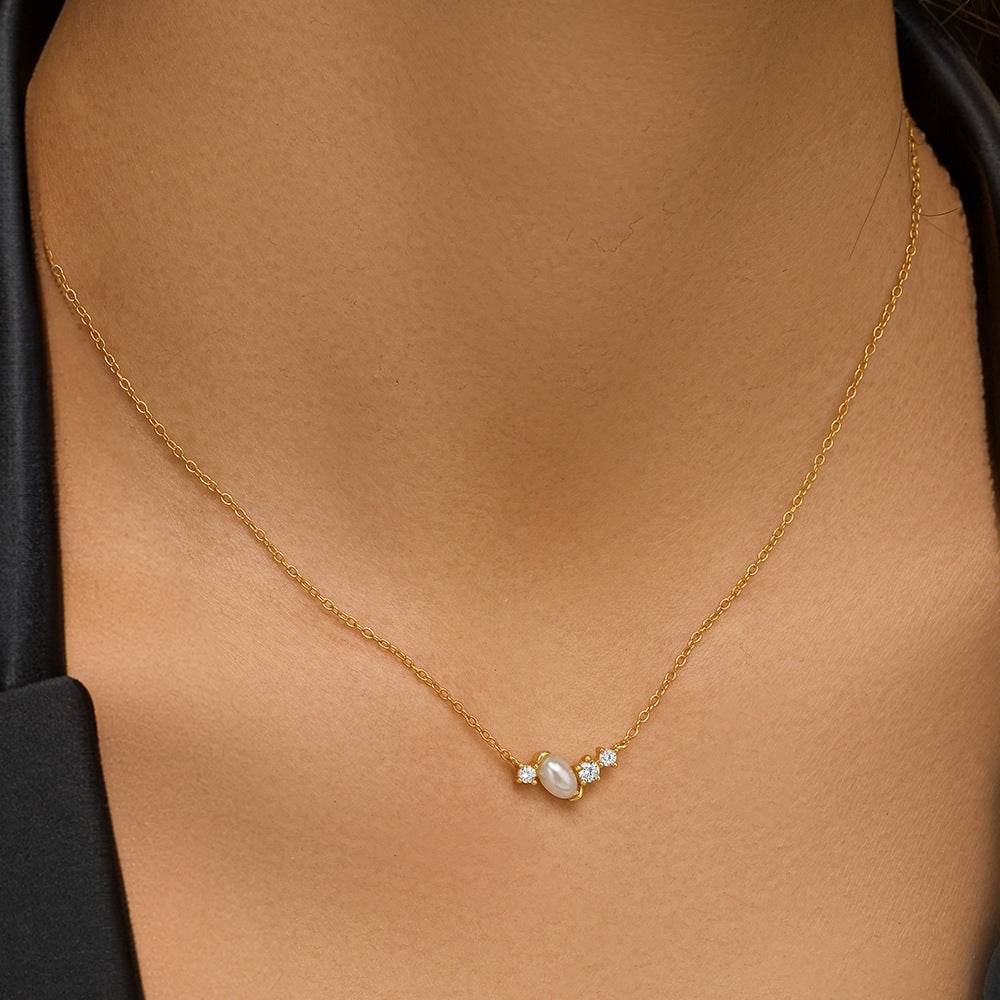 S925 pure silver geometric pearl diamond women's collarbone necklace - MOWTE