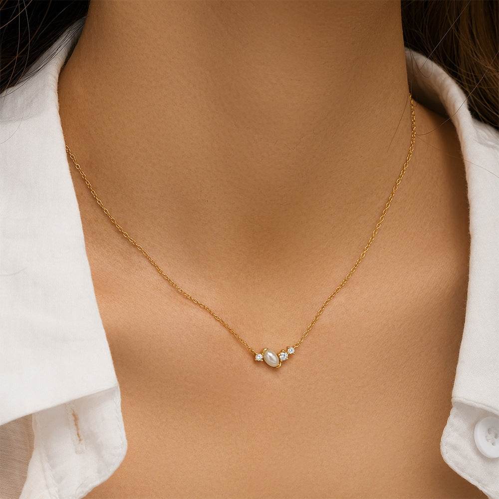 S925 pure silver geometric pearl diamond women's collarbone necklace - MOWTE