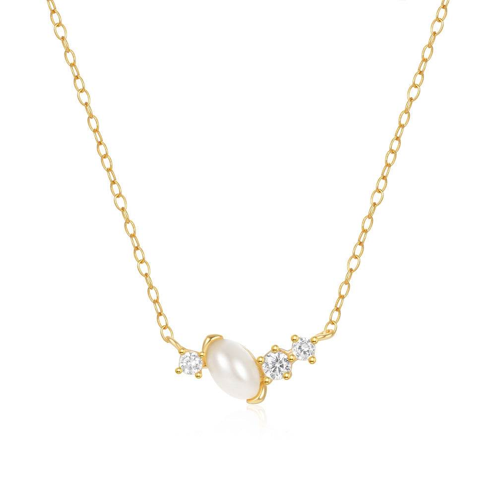 S925 pure silver geometric pearl diamond women's collarbone necklace - MOWTE