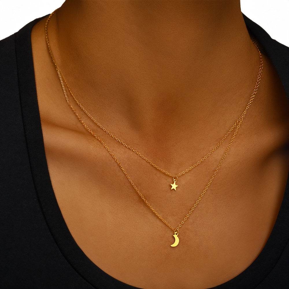 925 sterling silver double-layer layered star moon daily matching collarbone chain - MOWTE