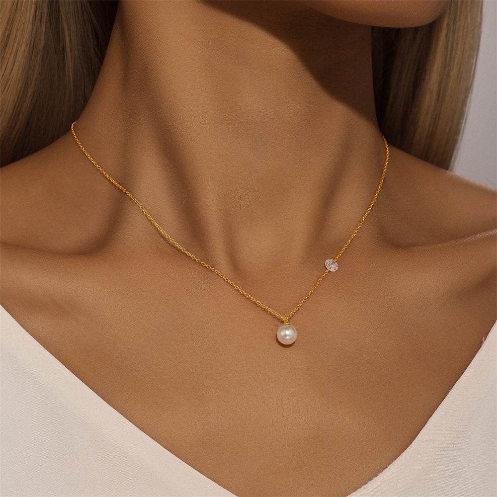 S925 pure silver single diamond set pearl collarbone chain - MOWTE