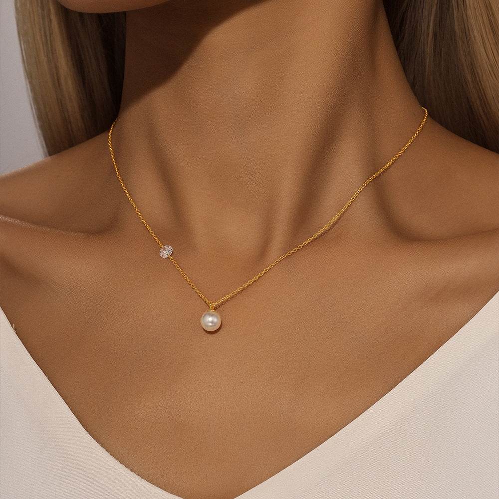 S925 pure silver single diamond set pearl collarbone chain - MOWTE