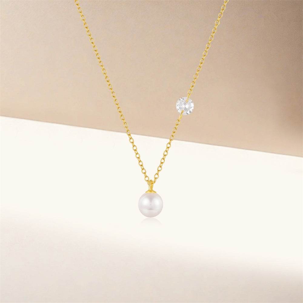 S925 pure silver single diamond set pearl collarbone chain - MOWTE