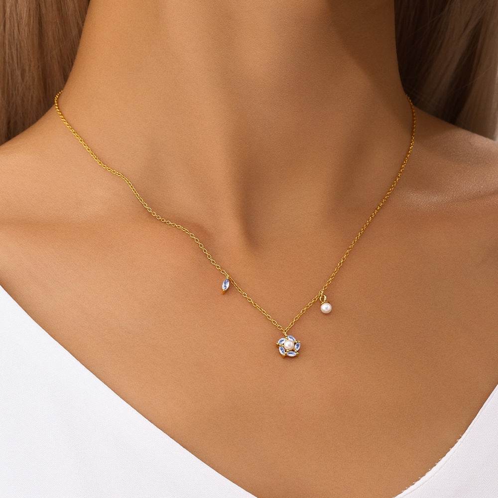 S925 pure silver diamonds zircon snowflakes pearls collarbone chain - MOWTE