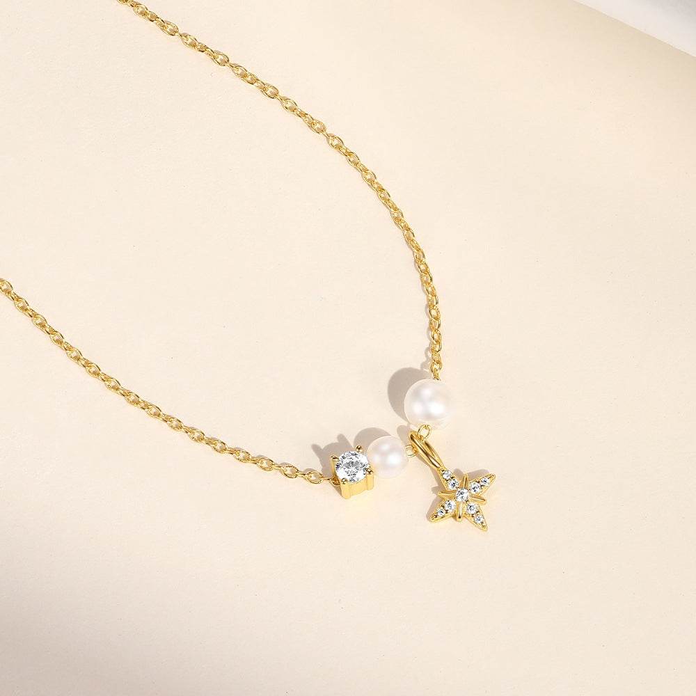 S925 pure silver exquisite pearl octagonal star high-end feeling collarbone chain - MOWTE