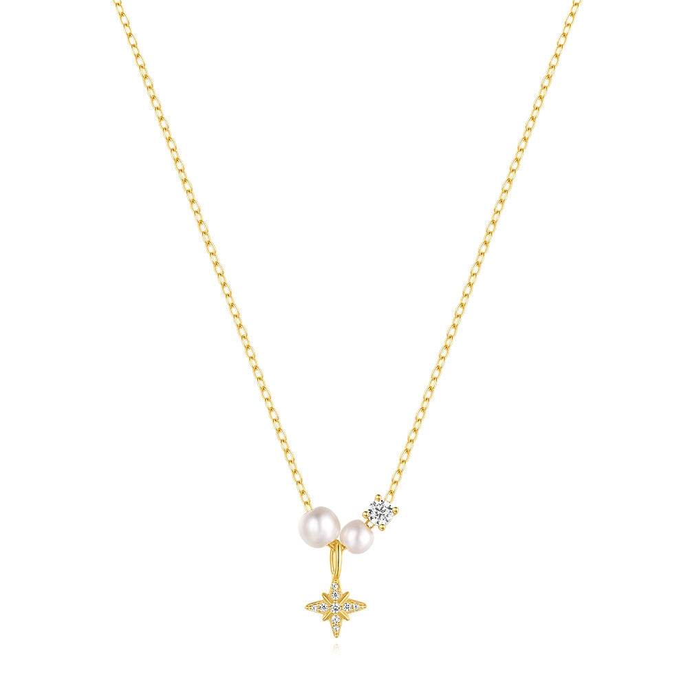 S925 pure silver exquisite pearl octagonal star high-end feeling collarbone chain - MOWTE