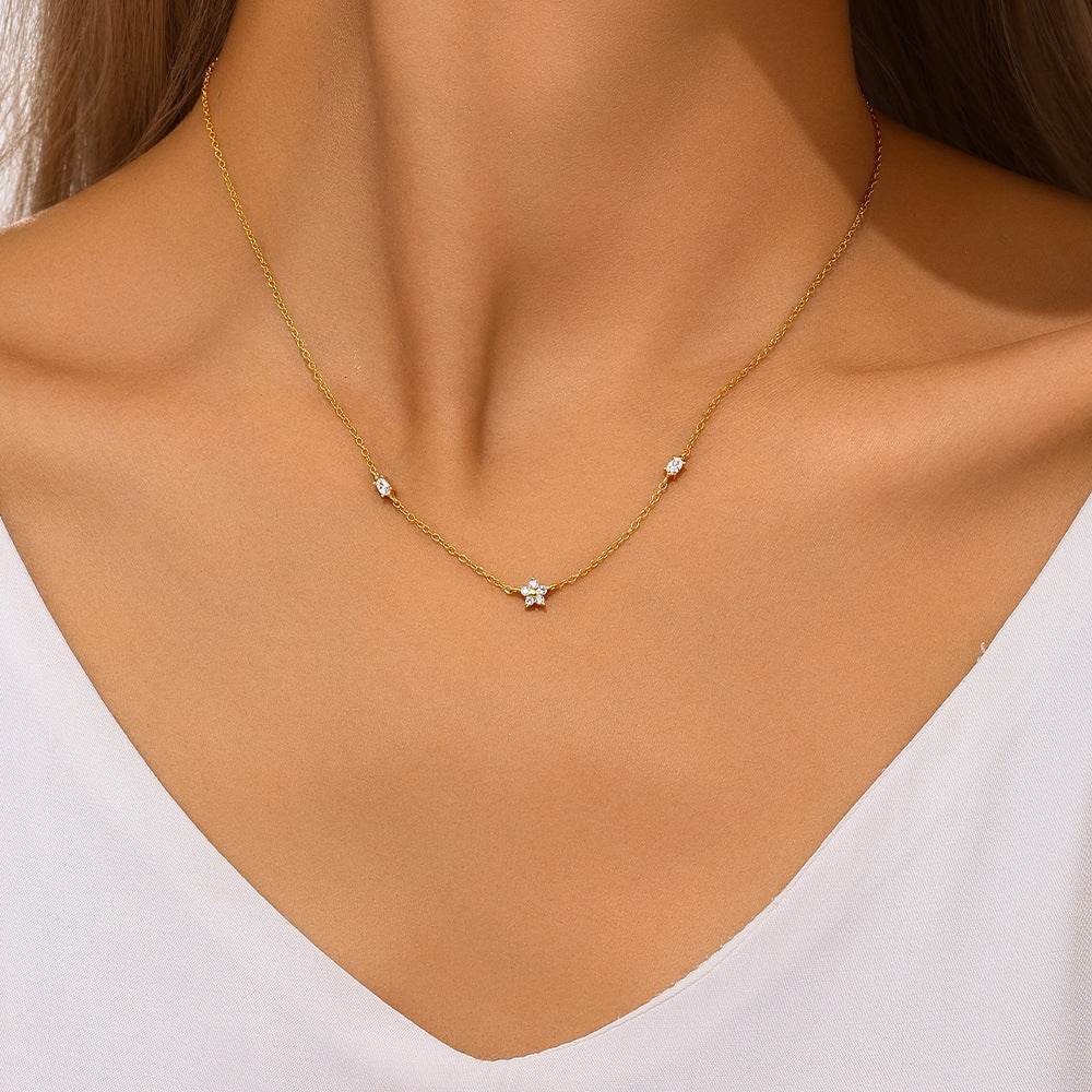 S925 sterling silver exquisite dazzling five petal flower star layered collarbone chain - MOWTE
