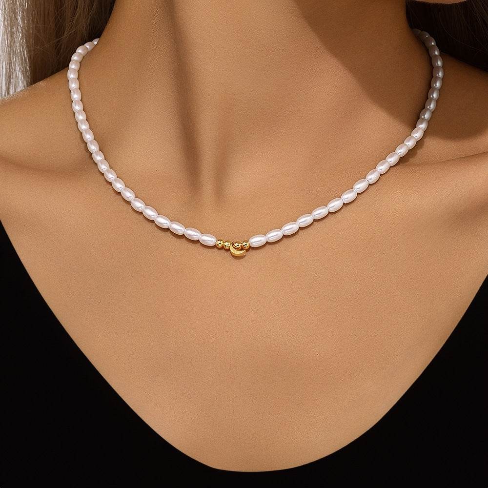 S925 sterling silver millet grain moon star pearl collarbone chain - MOWTE