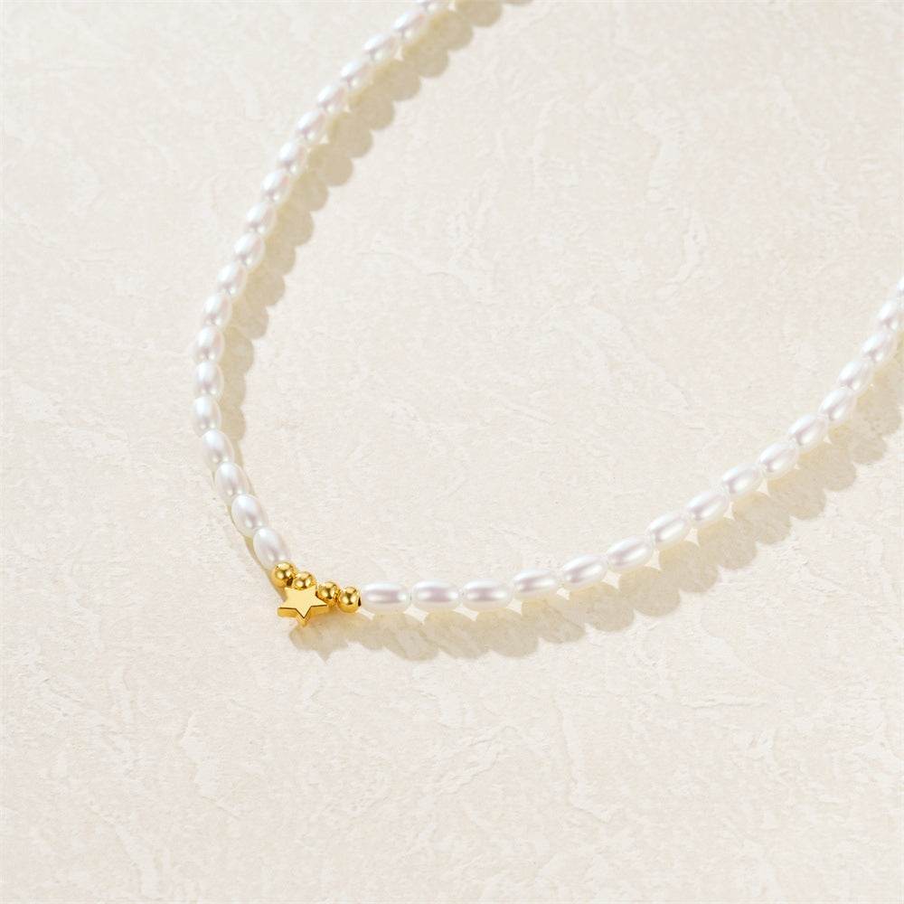 S925 sterling silver millet grain moon star pearl collarbone chain - MOWTE