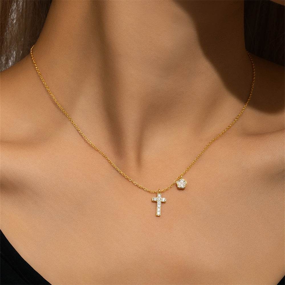 925 sterling silver exquisite flower cross with diamond collarbone chain - MOWTE