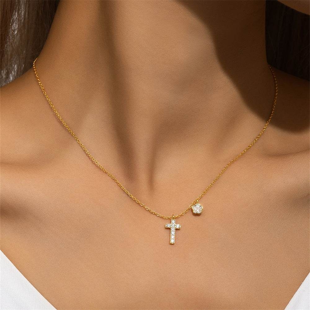 925 sterling silver exquisite flower cross with diamond collarbone chain - MOWTE