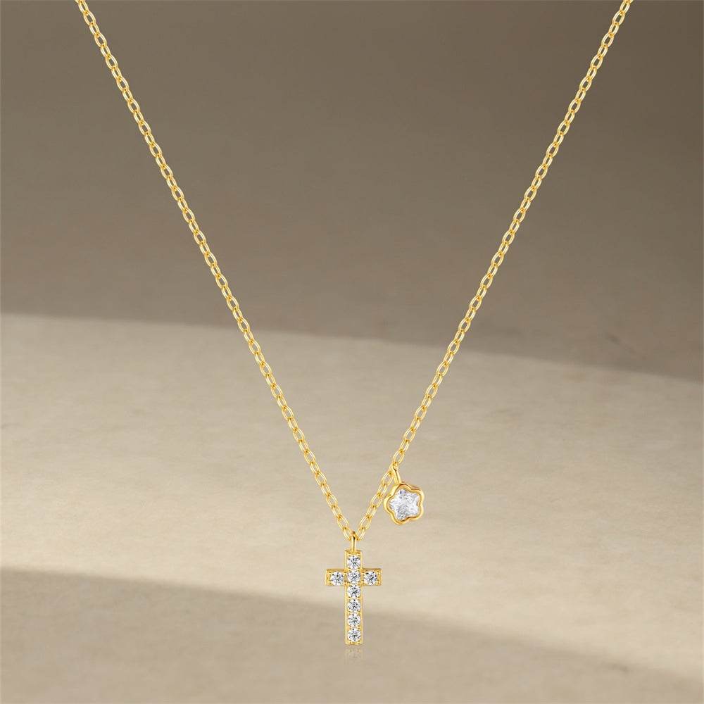 925 sterling silver exquisite flower cross with diamond collarbone chain - MOWTE