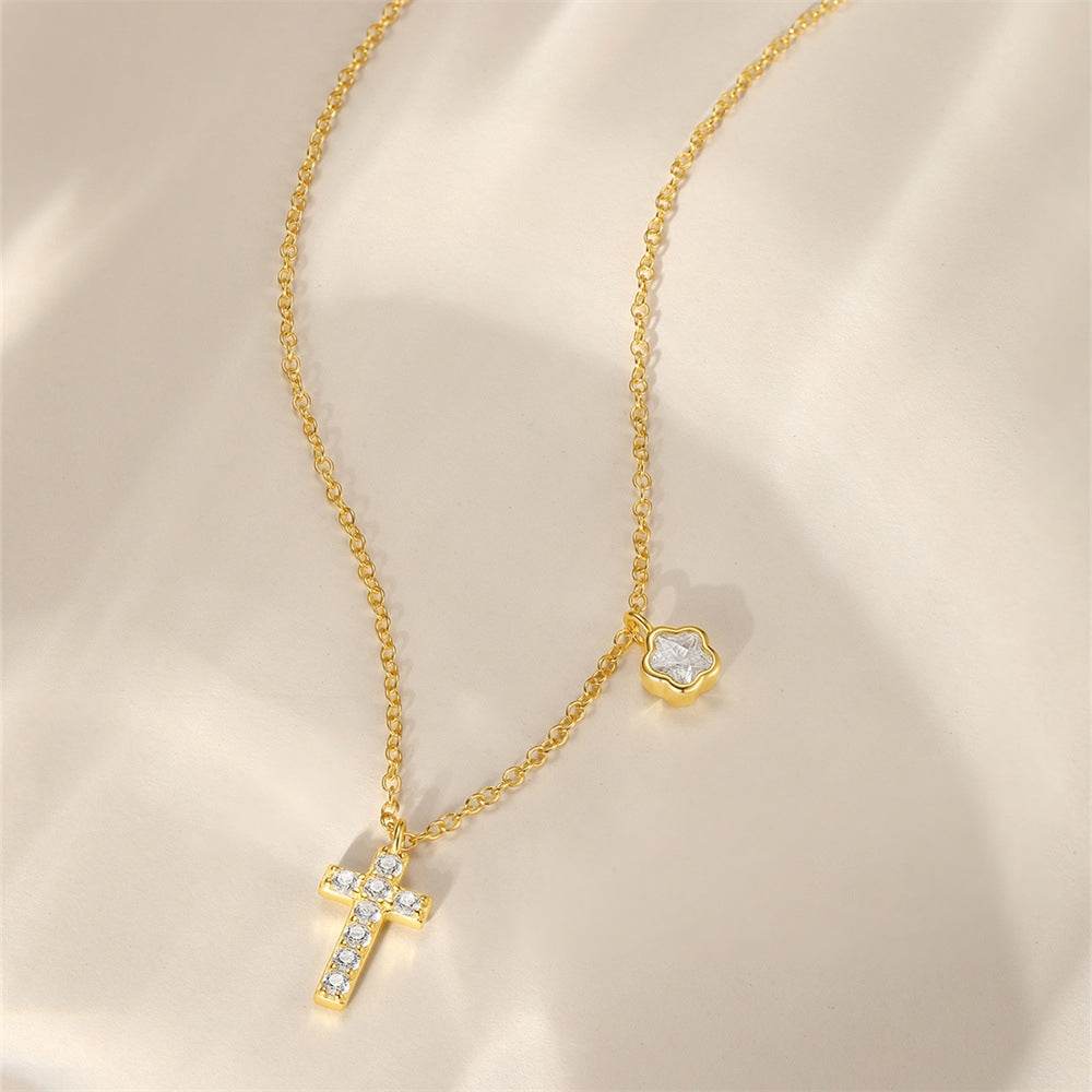 925 sterling silver exquisite flower cross with diamond collarbone chain - MOWTE