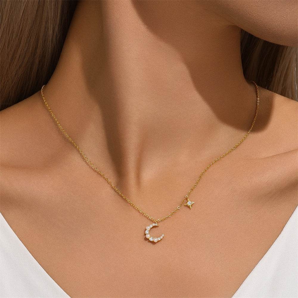 S925 sterling silver irregular crescent diamond collarbone chain pearl necklace - MOWTE
