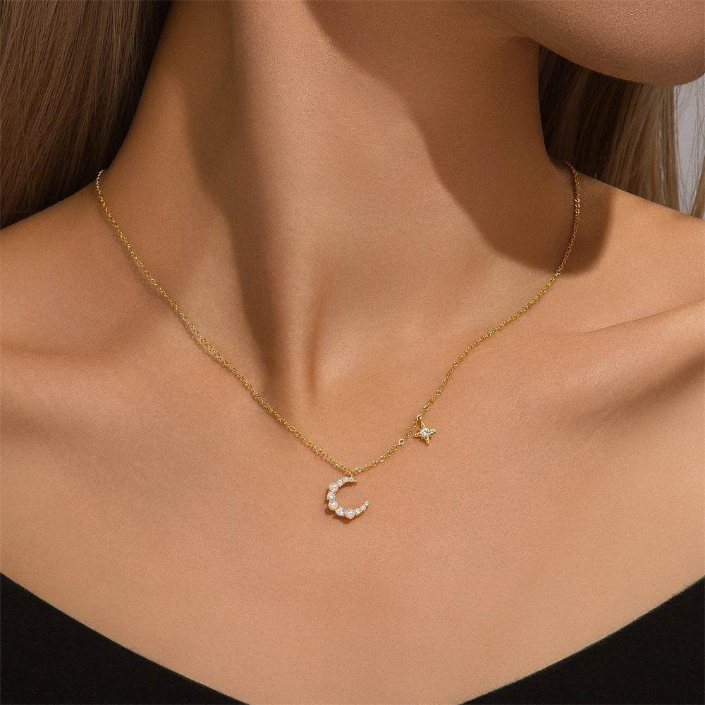 S925 sterling silver irregular crescent diamond collarbone chain pearl necklace - MOWTE